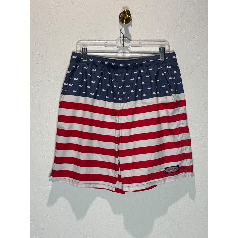 Vineyard Vines Mens American Flag Whale Swim Trunks Red White Blue Medium 7in
